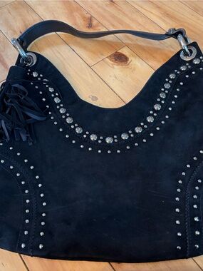 Stuart Weitzman - Black Suede Studded Hobo Bag - Classic Womens Shoulder Bag